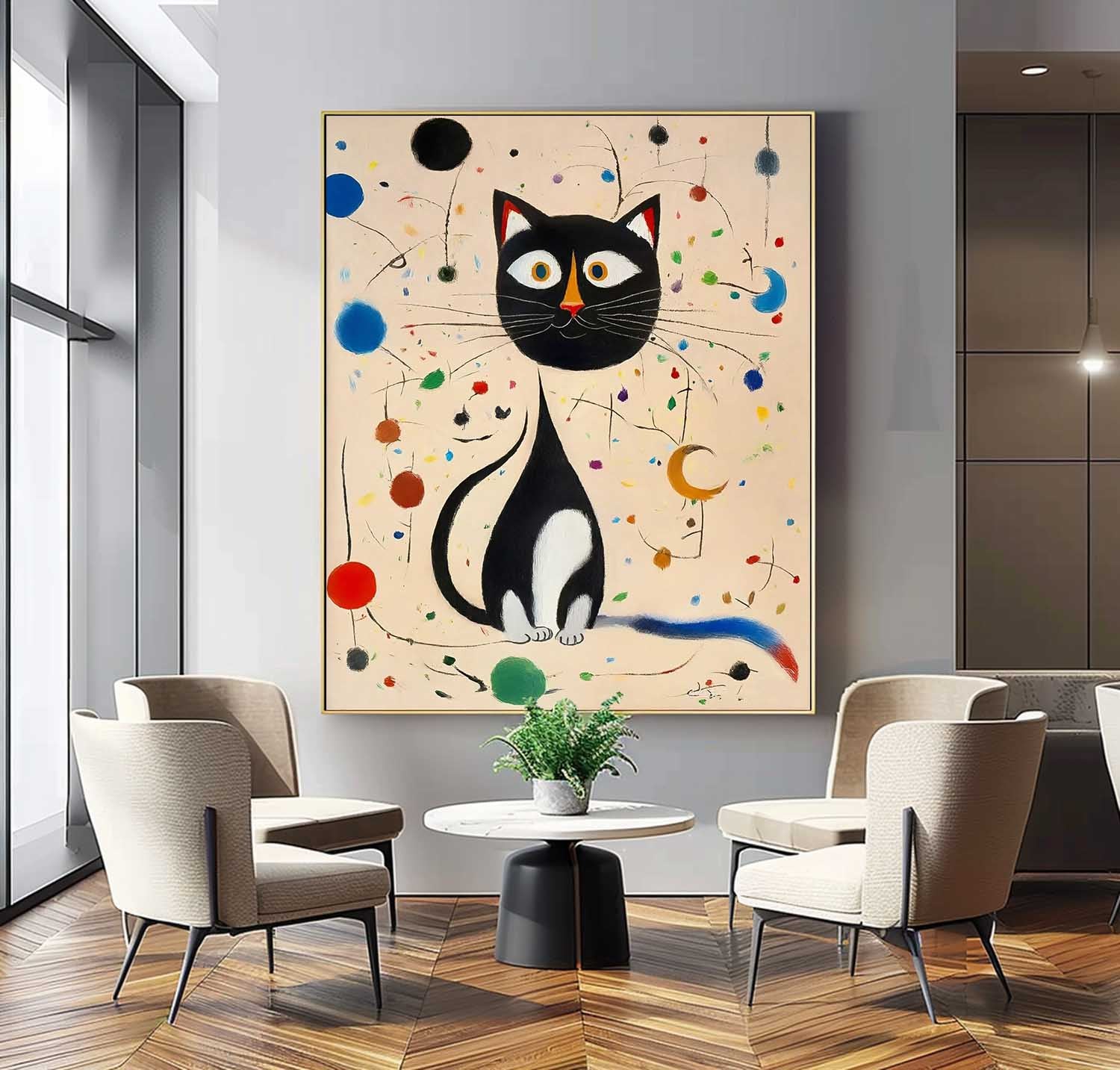 Surreal Joan Miró Style Abstract Cat Oil Painting Large Cat Pop Art Modern Cat Oil Painting Framed Artwork