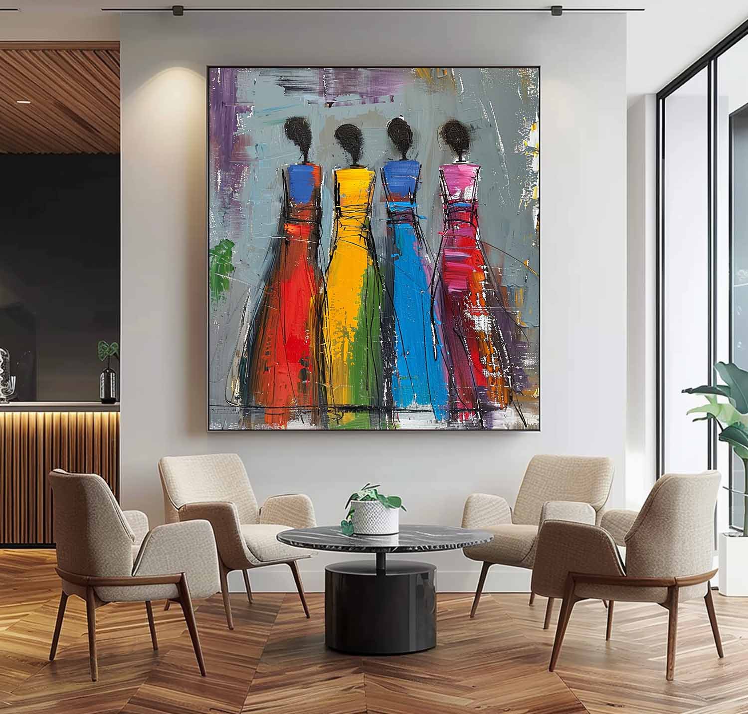 Colorful Four Women Silhouettes Painting Original Modern Wall Art Big Multicolor Girl Painting Framed