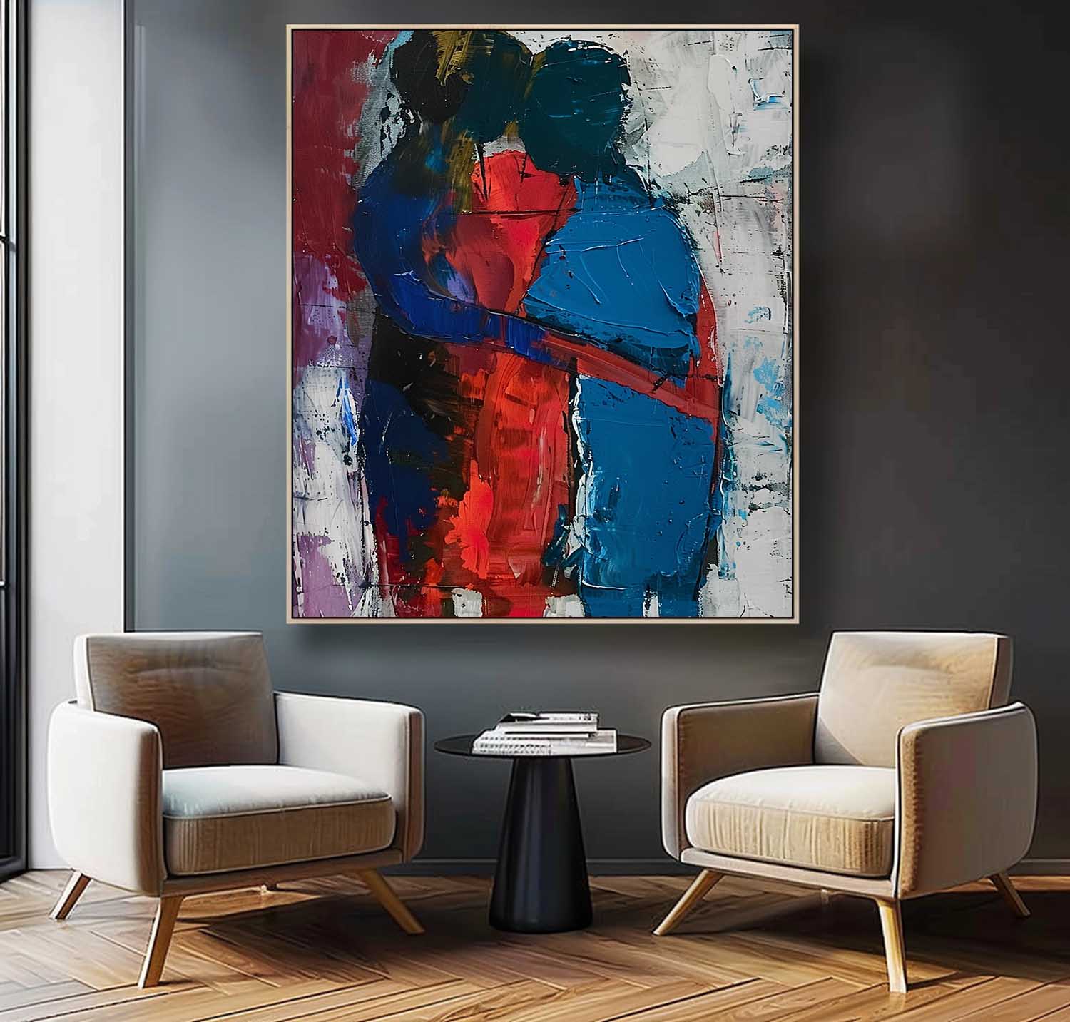 Original Abstract Embrace Wall Art Character Outline Painting Big Human Painting Framed Dark Series Artwork