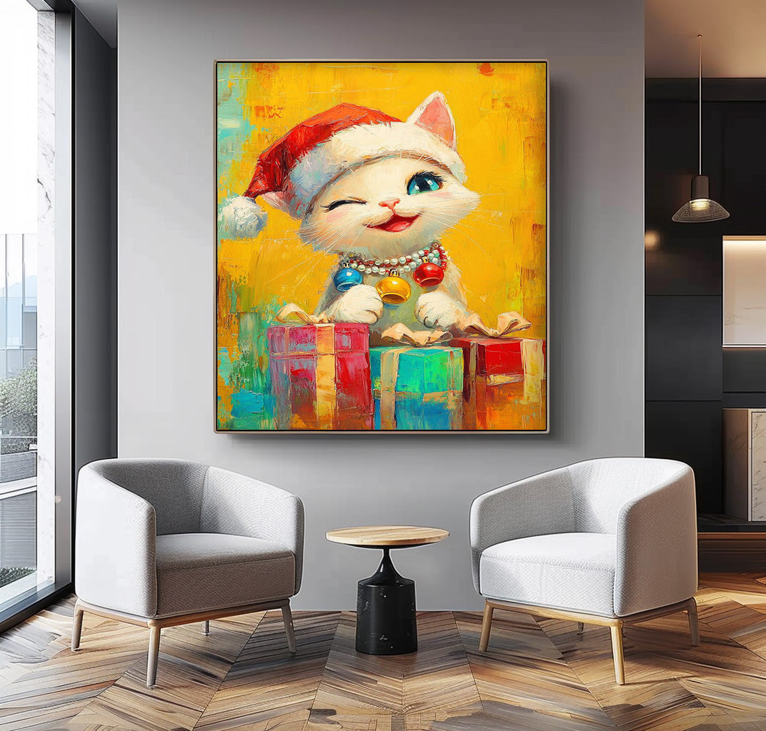Large Christmas Cat Oil Painting Cat Holding A Gift Wall Art Texture Christmas Animal Oil Painting decor Art
