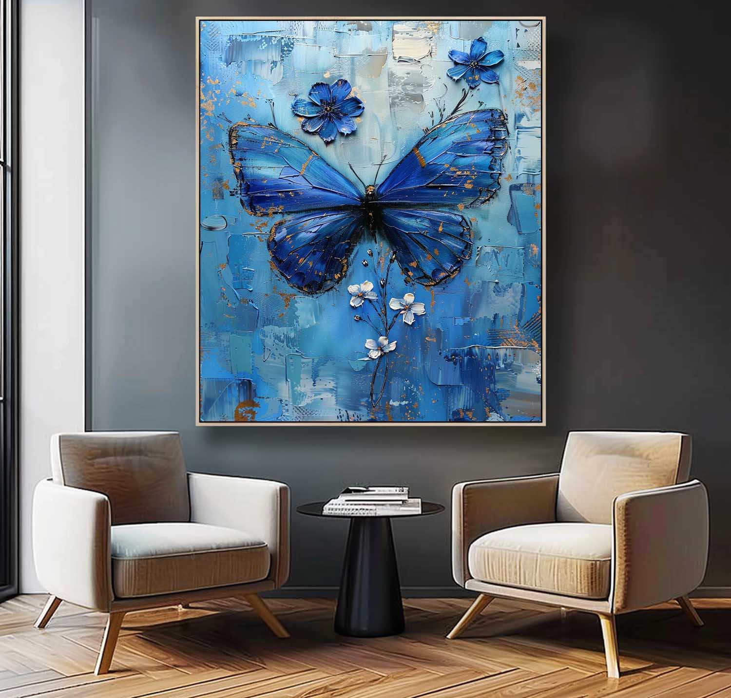 Original Artwork Impressionist Lovely Butterfly Wall Art Blue Oil Painting Modern Texture Oil Painting Framed
