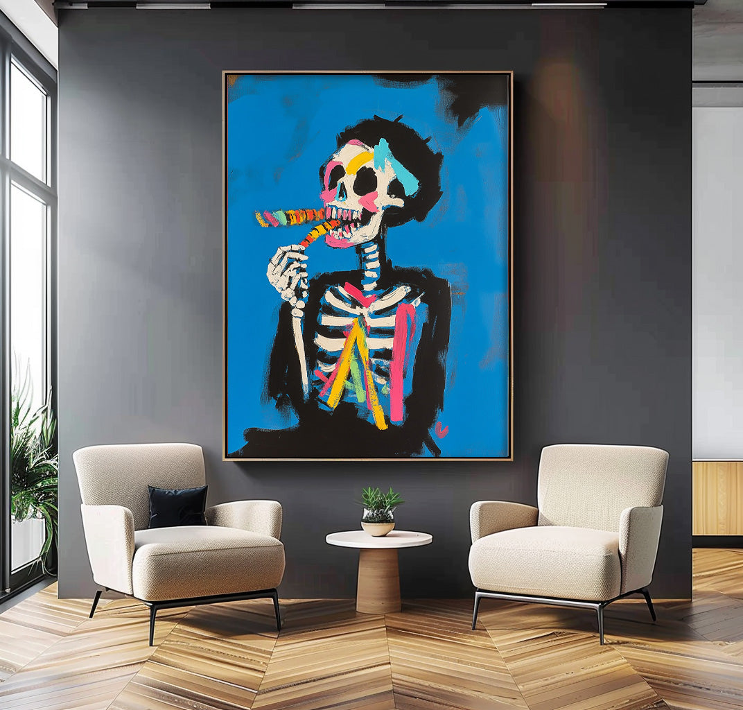 Colorful Original Abstract Wall Art Lovely Skeleton Painting Large Acrylic Painting Framed Unique Home Decor