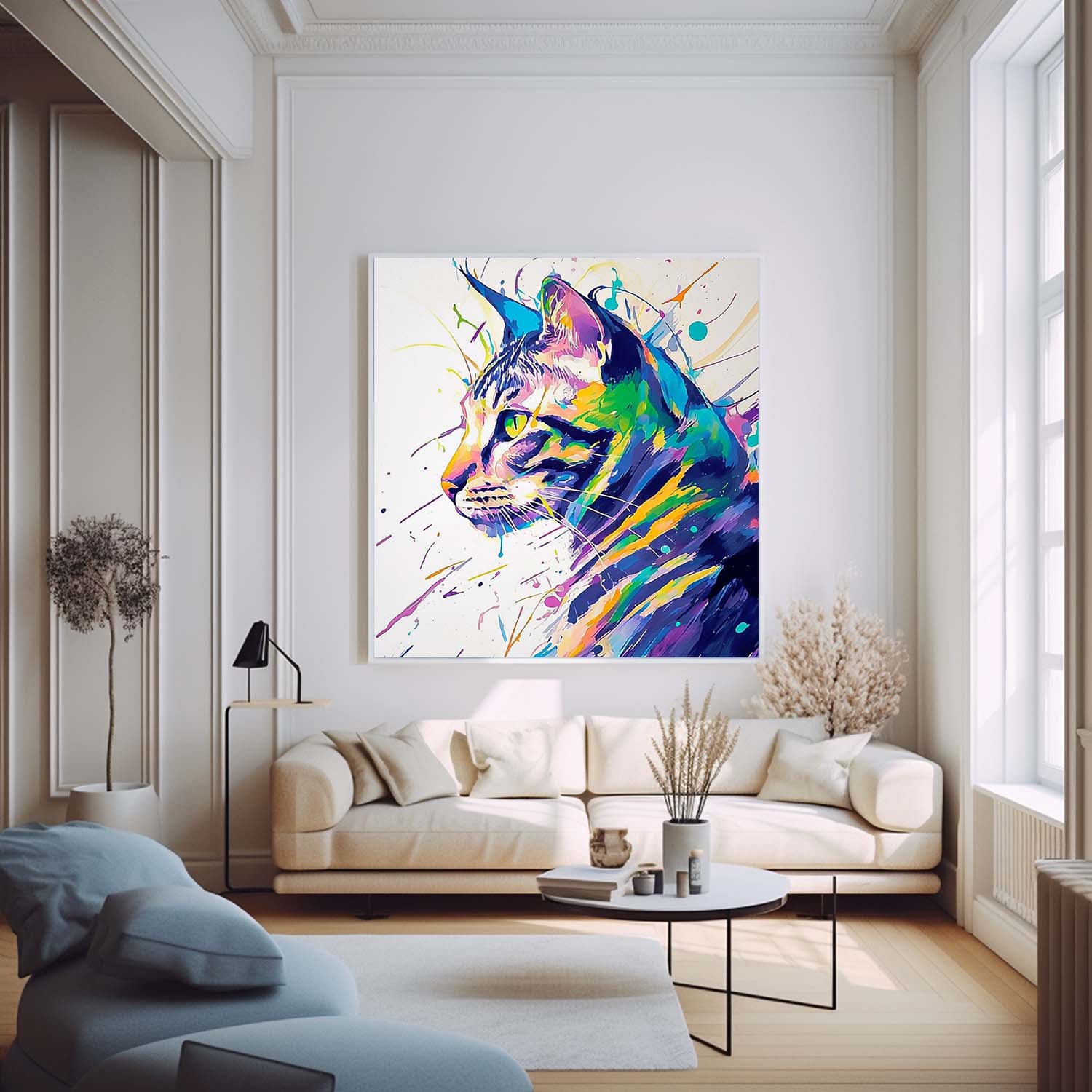 Square Cat Oil Painting Canvas Large Colorful Animal Artwork Original Lovely Kitty Wall Art Home Decor