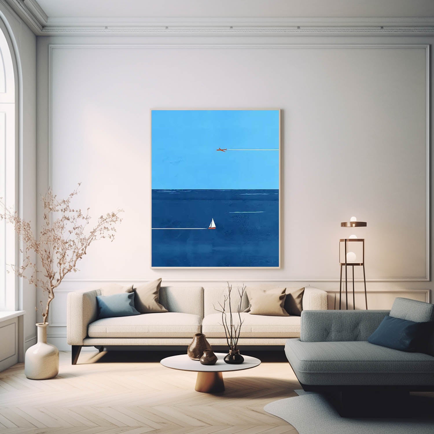 Blue Minimalist Canvas Oil Painting Large Maritime Abstract Acrylic Painting Original Living Room Wall Art