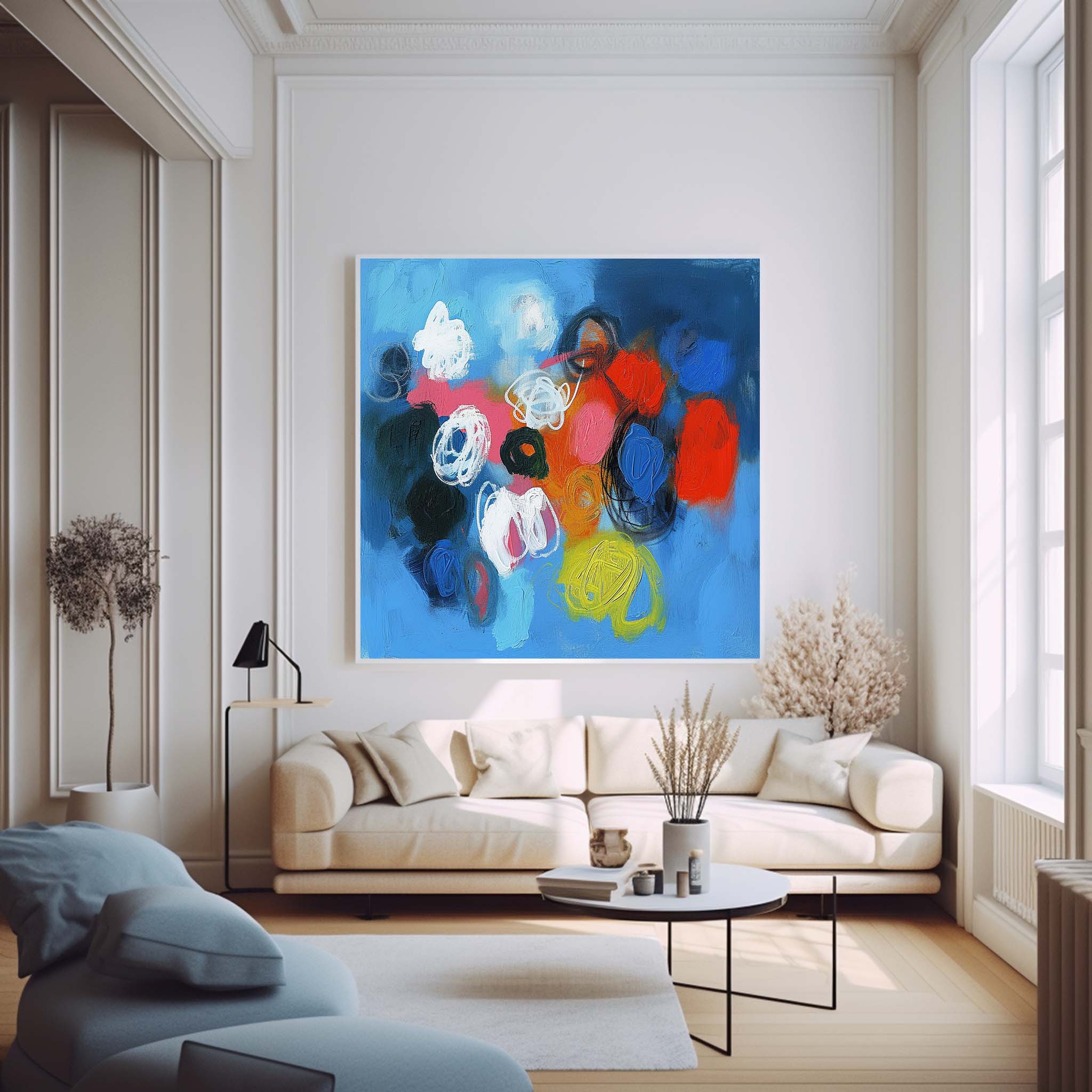 Blue Square Abstract Texture Oil Painting Bright Coloful Large Acrylic Painting Canvas Original Modern Wall Art For Living Room