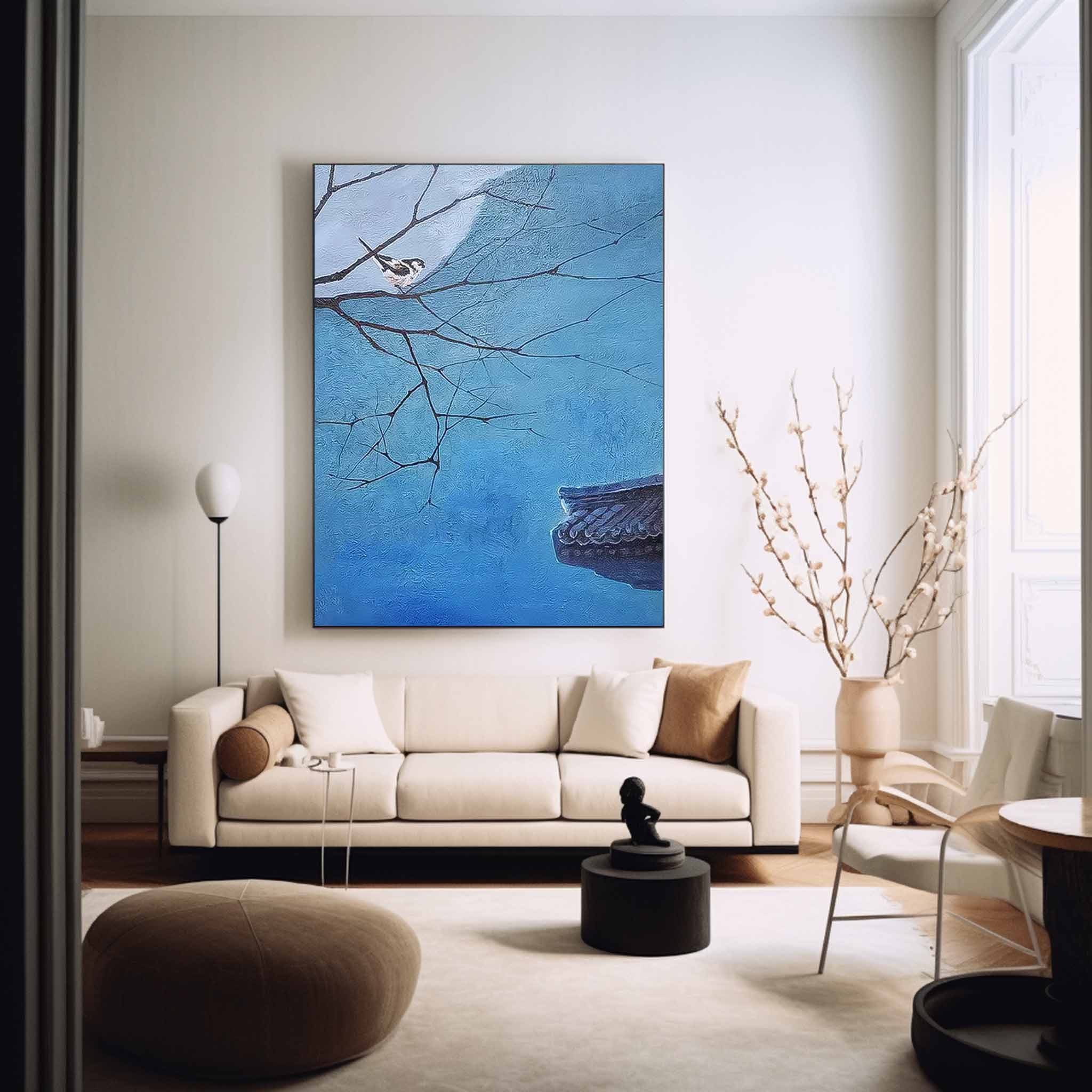 Large Blue Landscape Oil Painting On Canvas Abstract Scenery Wall Art Acrylic Painting Night View Home Decor
