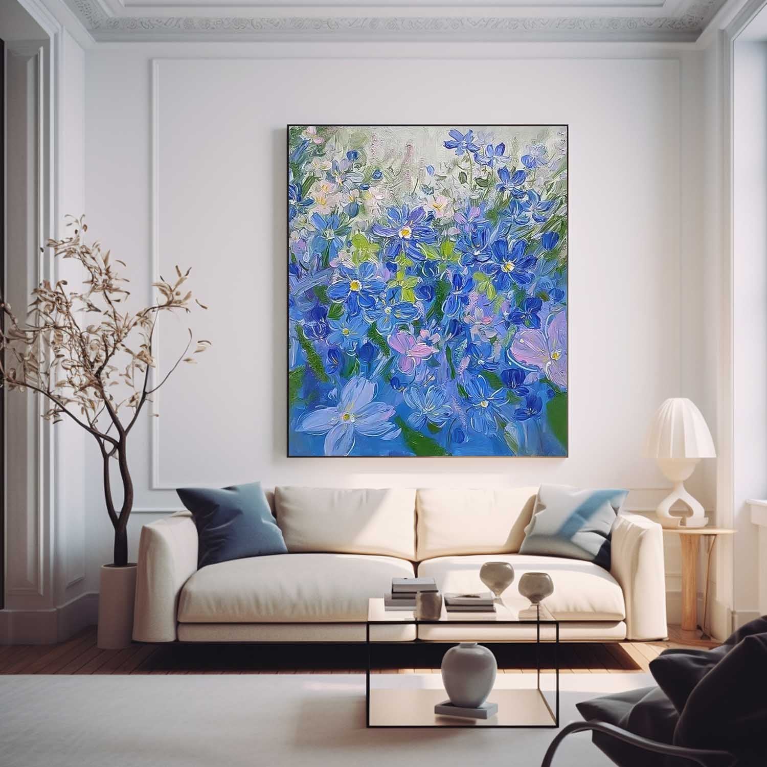 Modern Blue Purple Flower Wall Art Abstract Acrylic Painting On Canvas Large Enchanting Floral Artwork