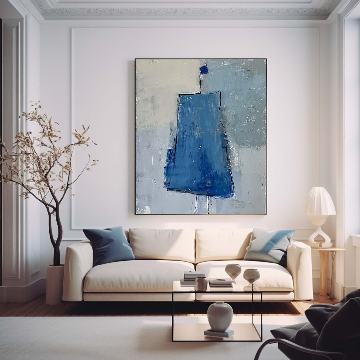 Abstract Aesthetic Canvas Oil Painting Large Vintage Blue Skirt Wall Art Original Minimalist Artwork