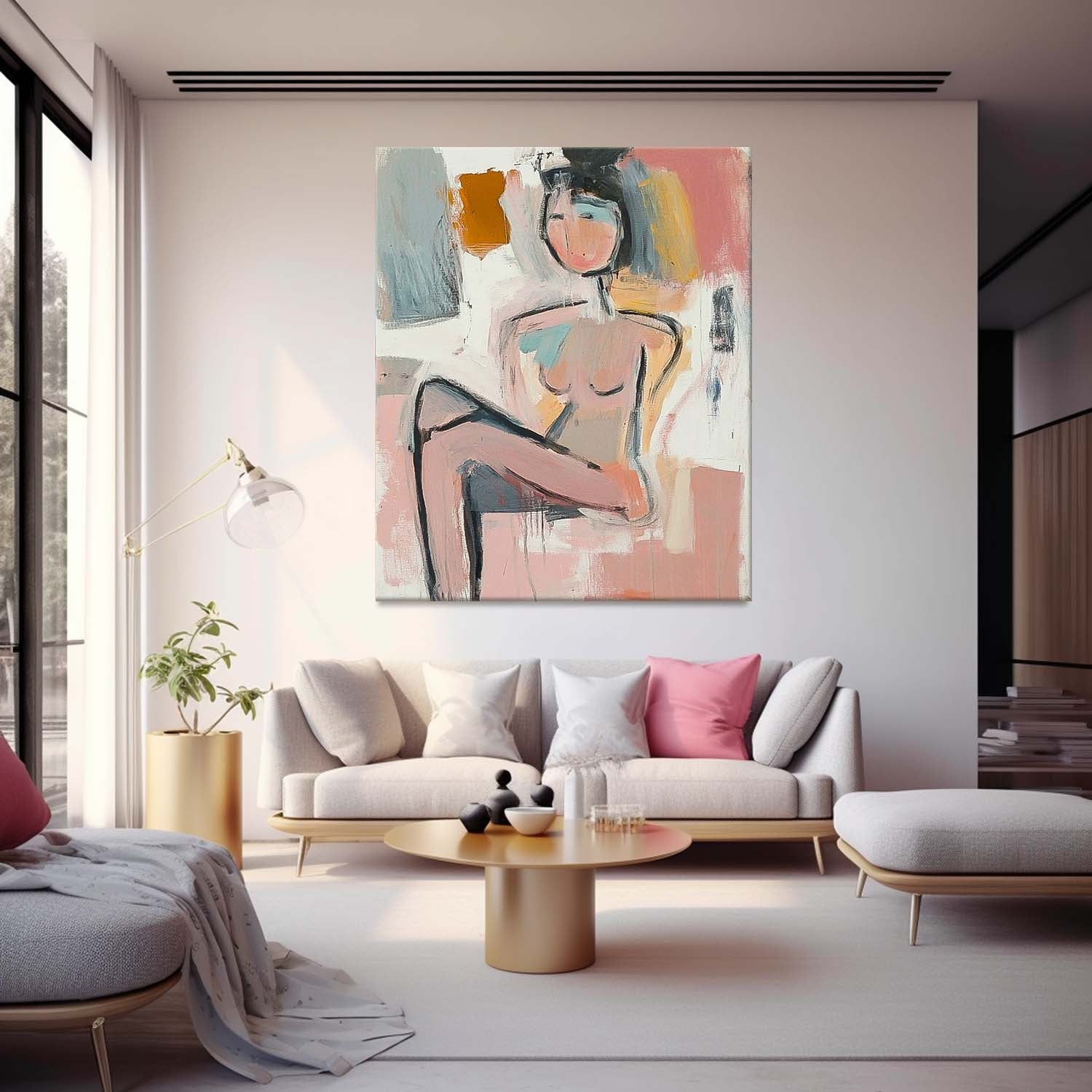 Abstract Doodle Artwork Large Girl Painting Abstract Lady Painting Original Wall Art Framed For Living Room