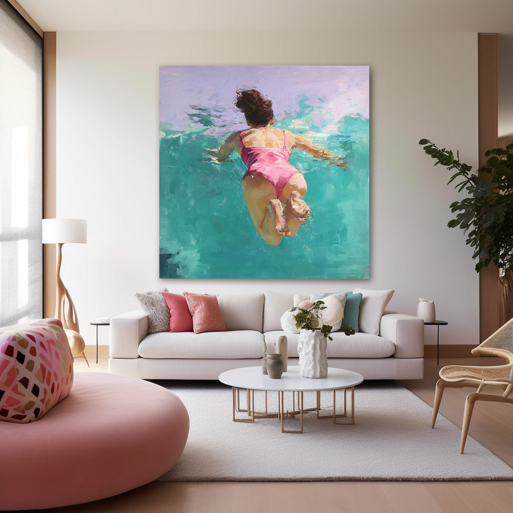 Color Original Girl swimming Wall Art Diving In Ocean Sensual Woman Acrylic Painting Cute Lady Artwork