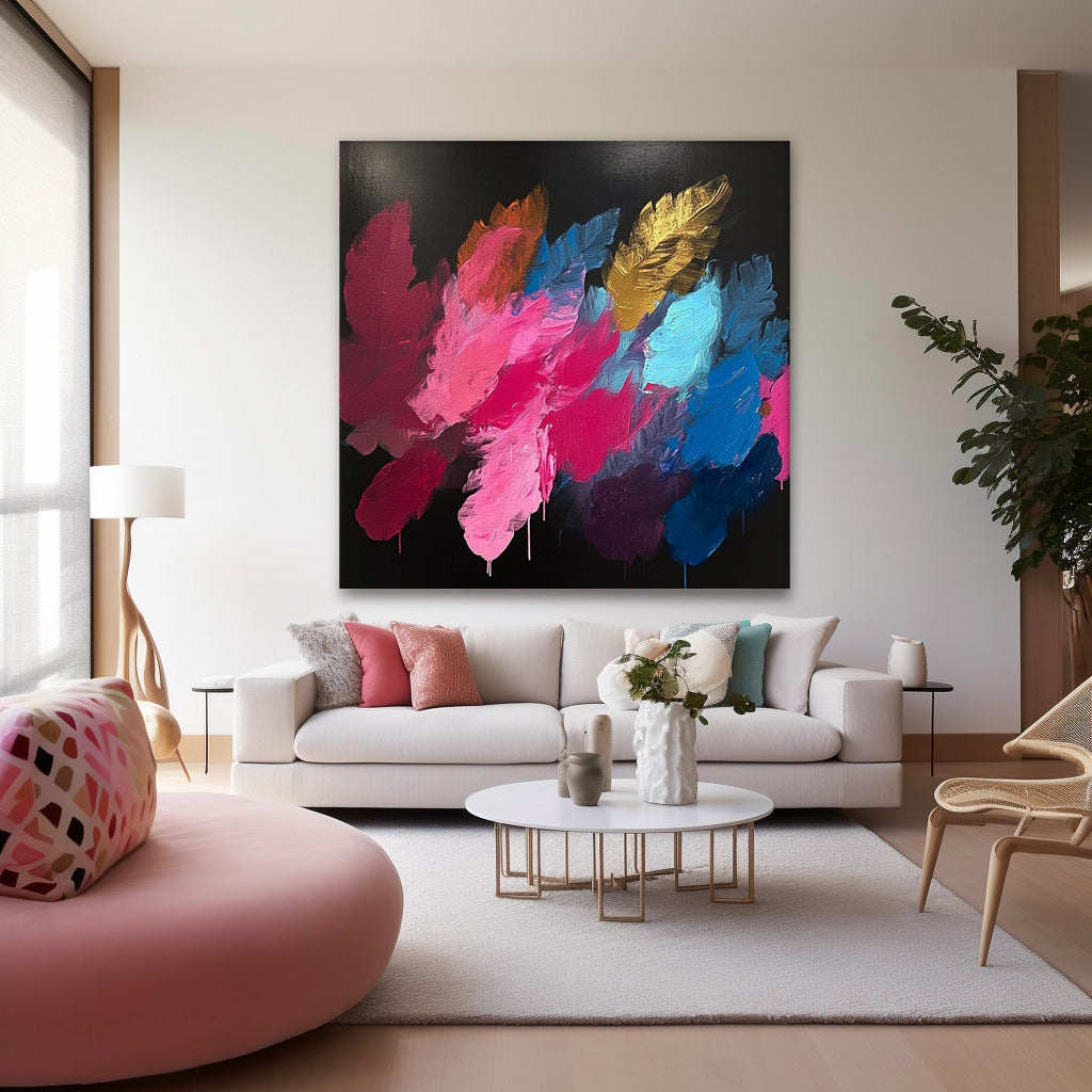 Square Contemporary Colored Leaves Painting Large Textured Abstract Leaves Paintings Original Framed Artwork