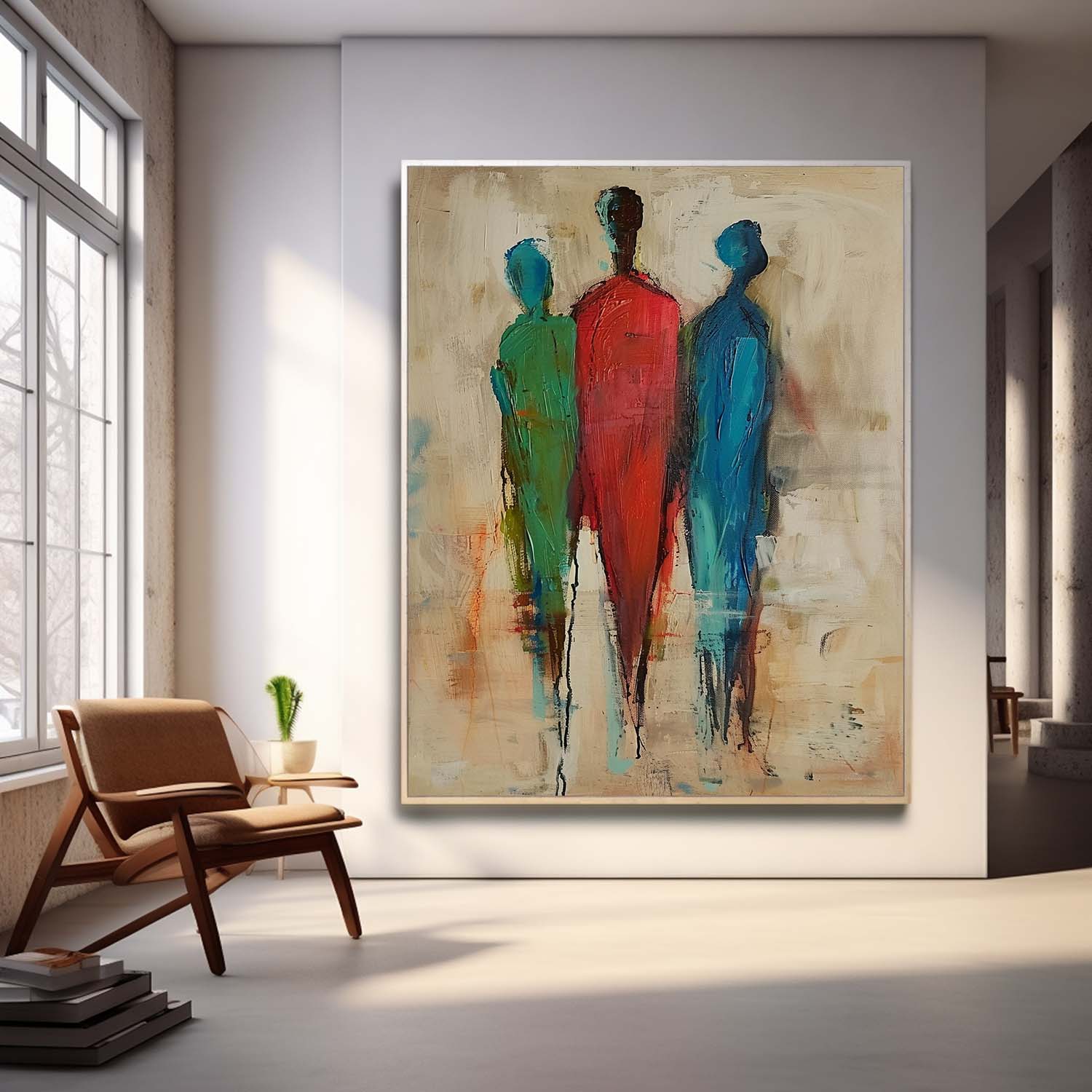 Original Three People Silhouettes Wall Art Large Figure Painting Retro Style Abstract Artwork For Living Room