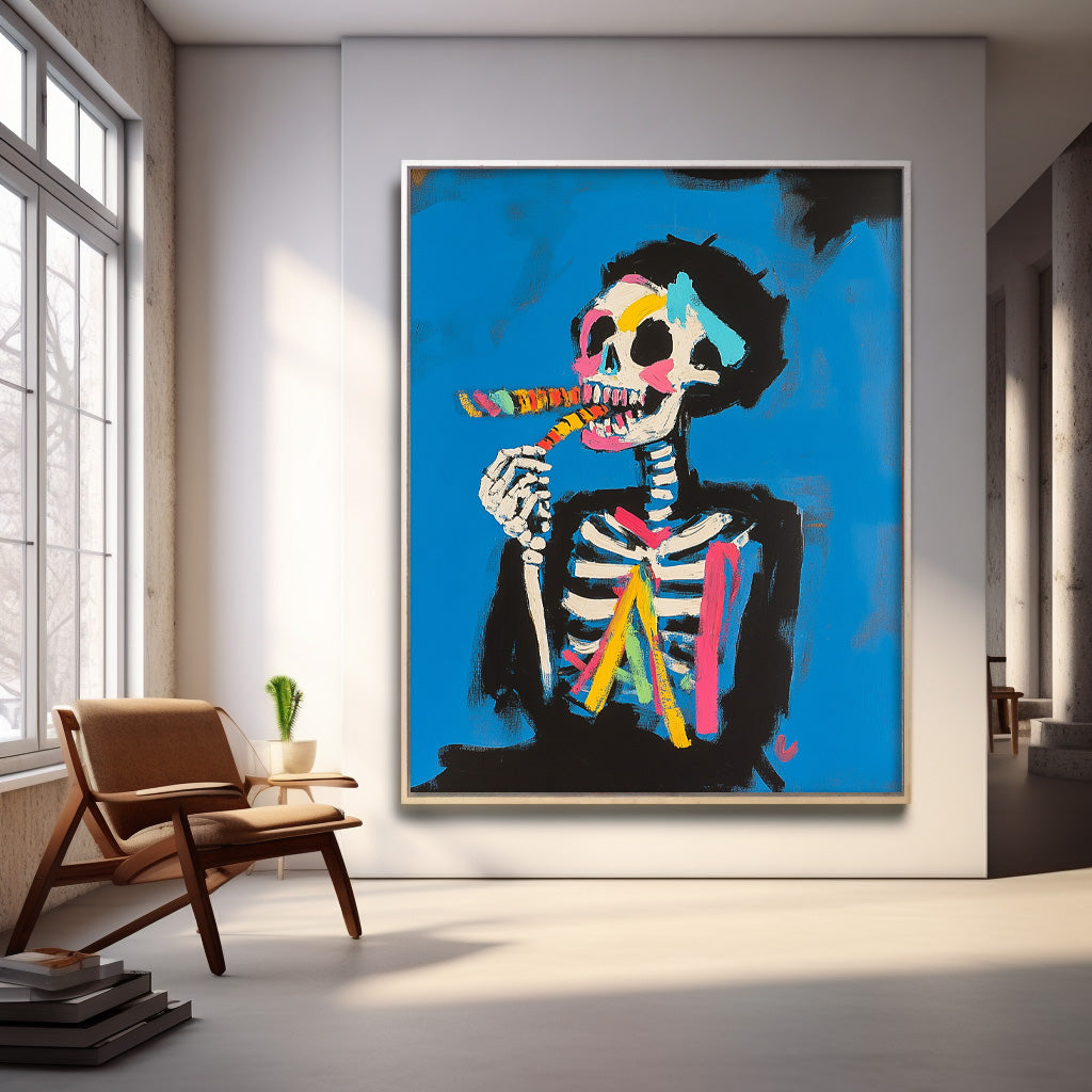Colorful Original Abstract Wall Art Lovely Skeleton Painting Large Acrylic Painting Framed Unique Home Decor