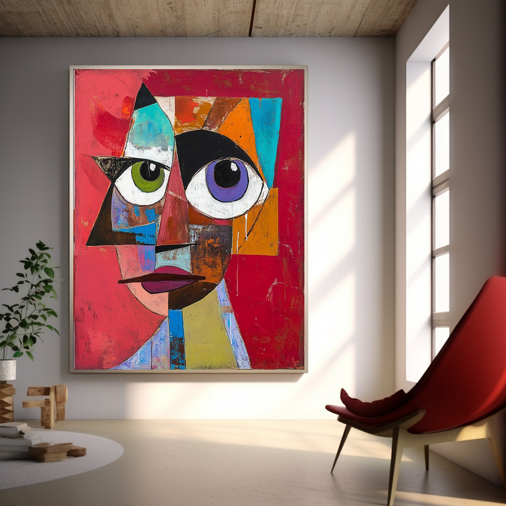 Original Bold Bright Red Artwork Expressive Abstract Faces Painting Modern Facial Wall Art Home Decor