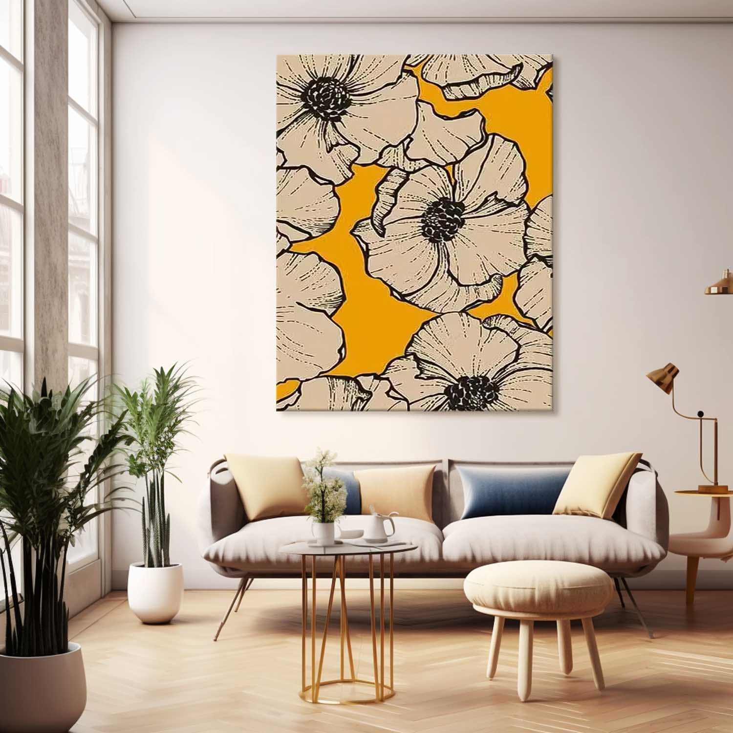 Abstract Yellow Oil Painting On Canvas Oversize Original Minimalism Beautiful Floral Artwork Home Decor