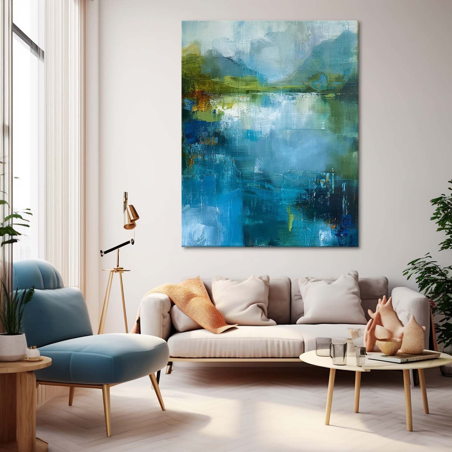 Original Green And Blue Vertical Scenery Painting Modern Landscape Wall Art Large Abstract Painting On Canvas