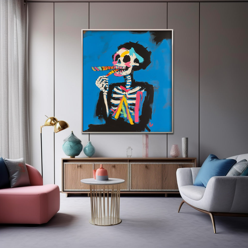Colorful Original Abstract Wall Art Lovely Skeleton Painting Large Acrylic Painting Framed Unique Home Decor
