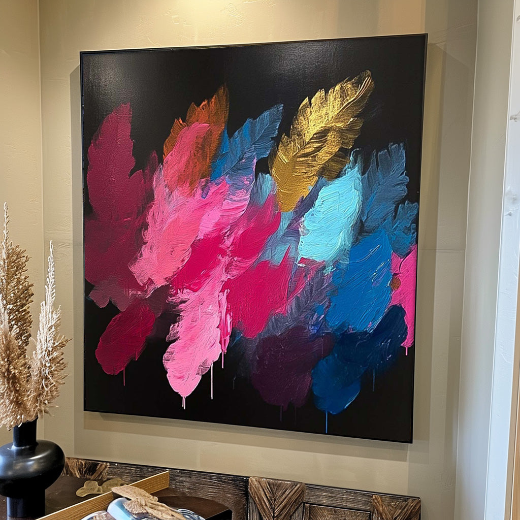 Square Contemporary Colored Leaves Painting Large Textured Abstract Leaves Paintings Original Framed Artwork