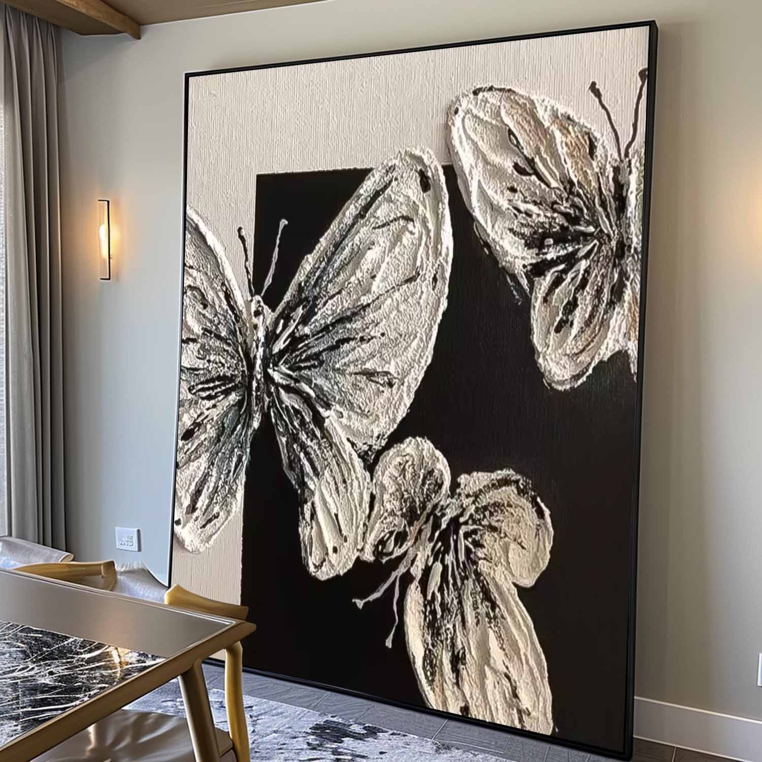 Modern Minimalist Black And White Butterfly Oil Painting Canvas Original Butterfly Wall Art Large Animal Artwork