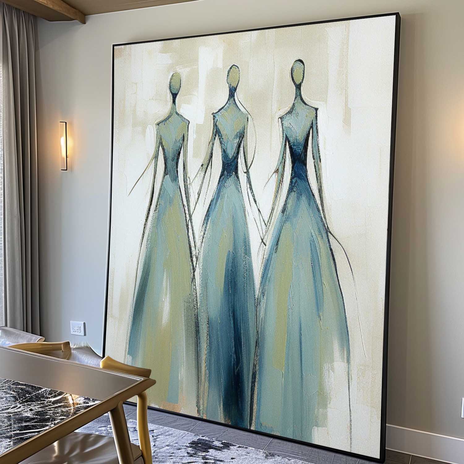 Original Blue Figure Acrylic Painting Canvas Colorful Abstract Wall Art Square Large Portrait Artwork