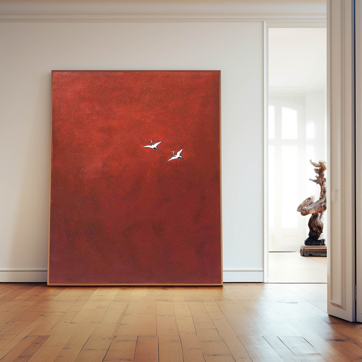 Large Red Wall Art Minimalist Crane Abstract Canvas Oil Painting Original Hand-Painted Artwork
