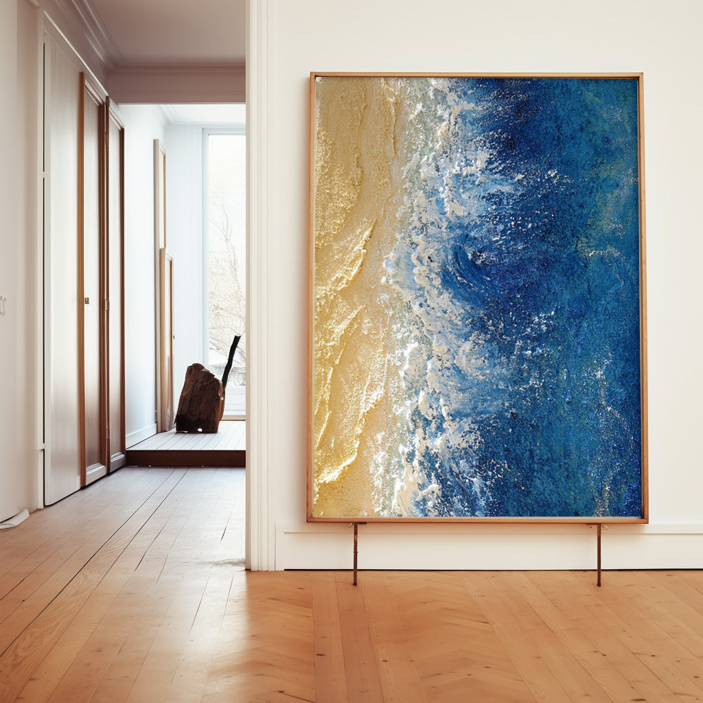 Acrylic Textured Beach And Ocean Painting Framed Large Blue Ocean Wall Art For Living Room