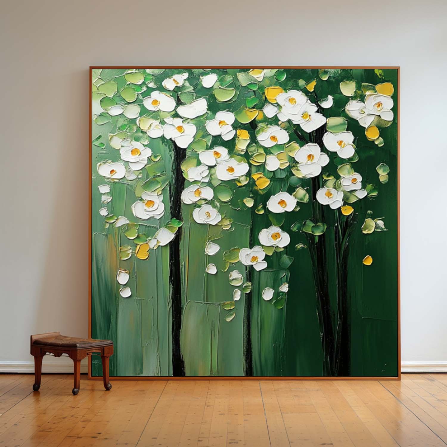 Modern White Floral Wall Art Original Green Beautifu Art Large Textured Flower Painting Framed Home Decor