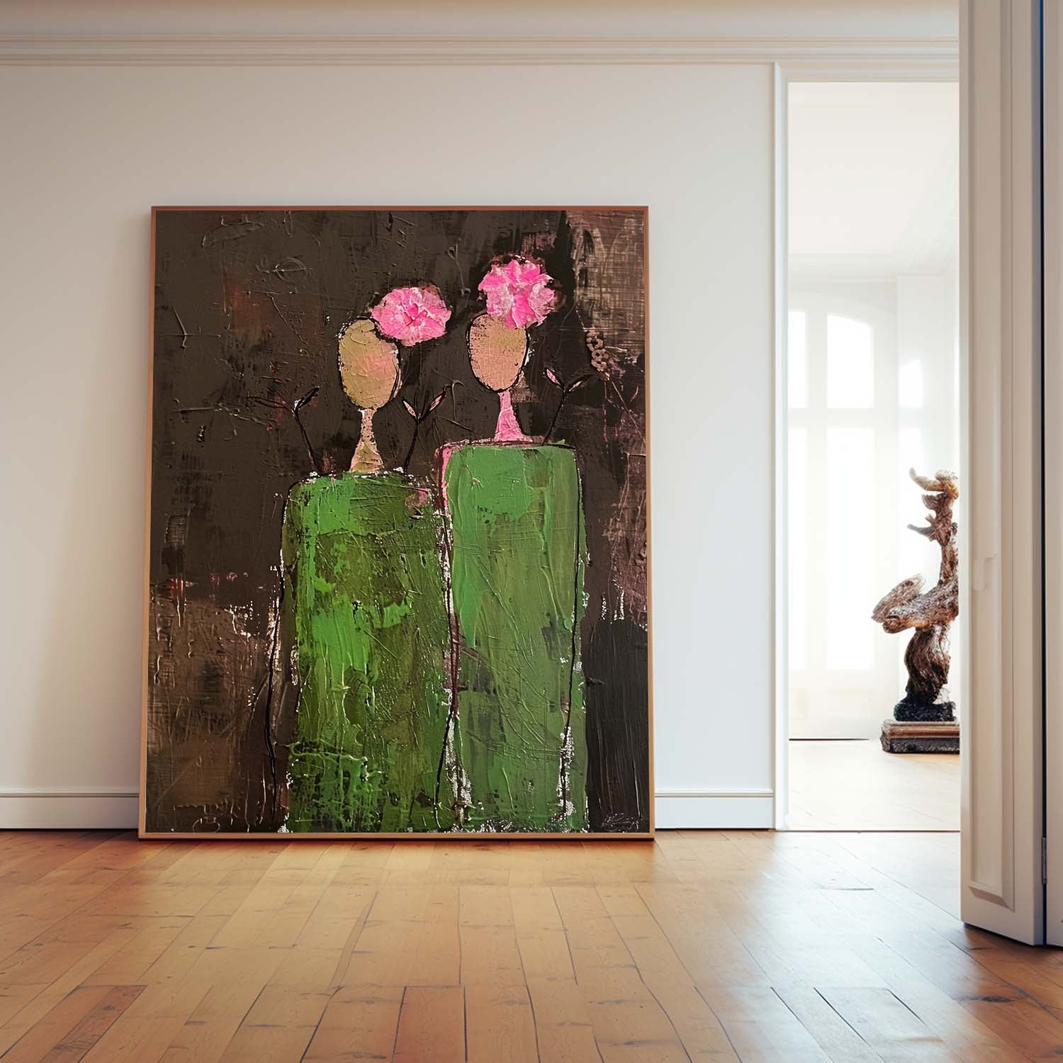 Dark Brown Large Flower Figure Painting Original Green Silhouettes Wall Art Abstract Artwork Home Decor