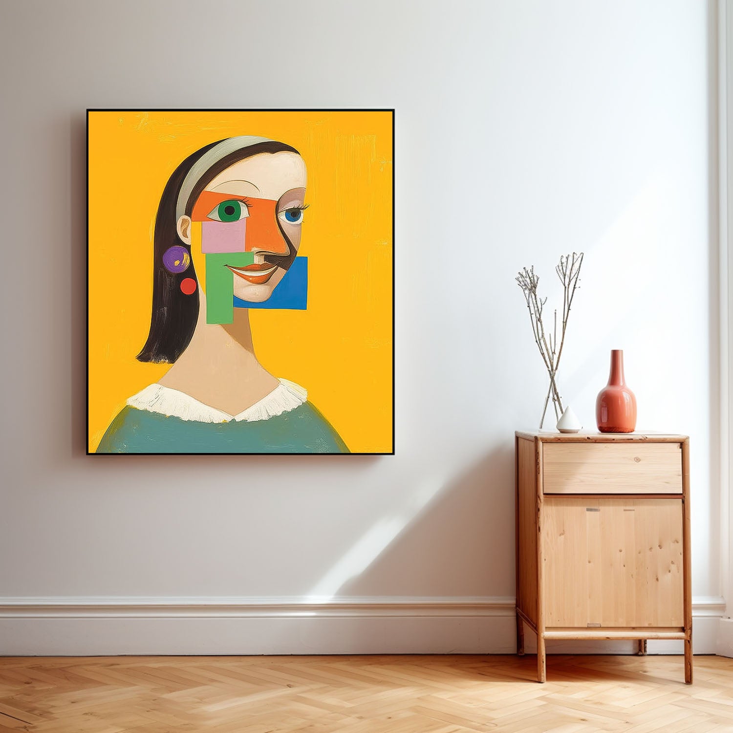 Origina Woman Acrylic Painting Canvas Abstract Geometric Face Lady Wall Art Square Large Girl Artwork