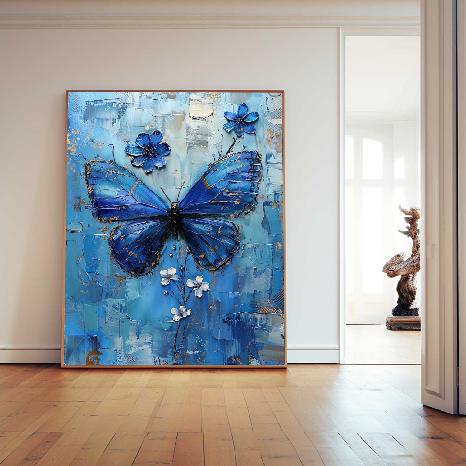 Original Artwork Impressionist Lovely Butterfly Wall Art Blue Oil Painting Modern Texture Oil Painting Framed