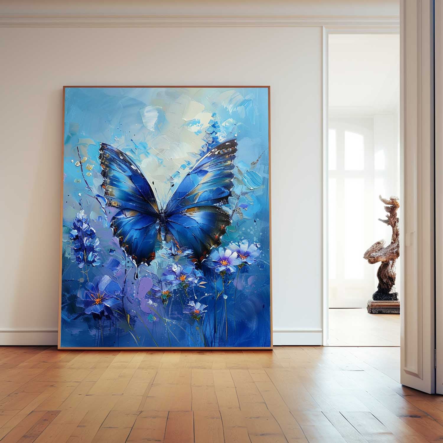 Modern Texture Oil Painting Framed Original Artwork Impressionist Lovely Butterfly Wall Art Blue Oil Painting