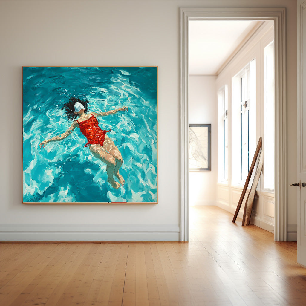 Square Diving In Ocean Sensual Woman Acrylic Painting Original Girl swimming Wall Art Pretty Lady Artwork