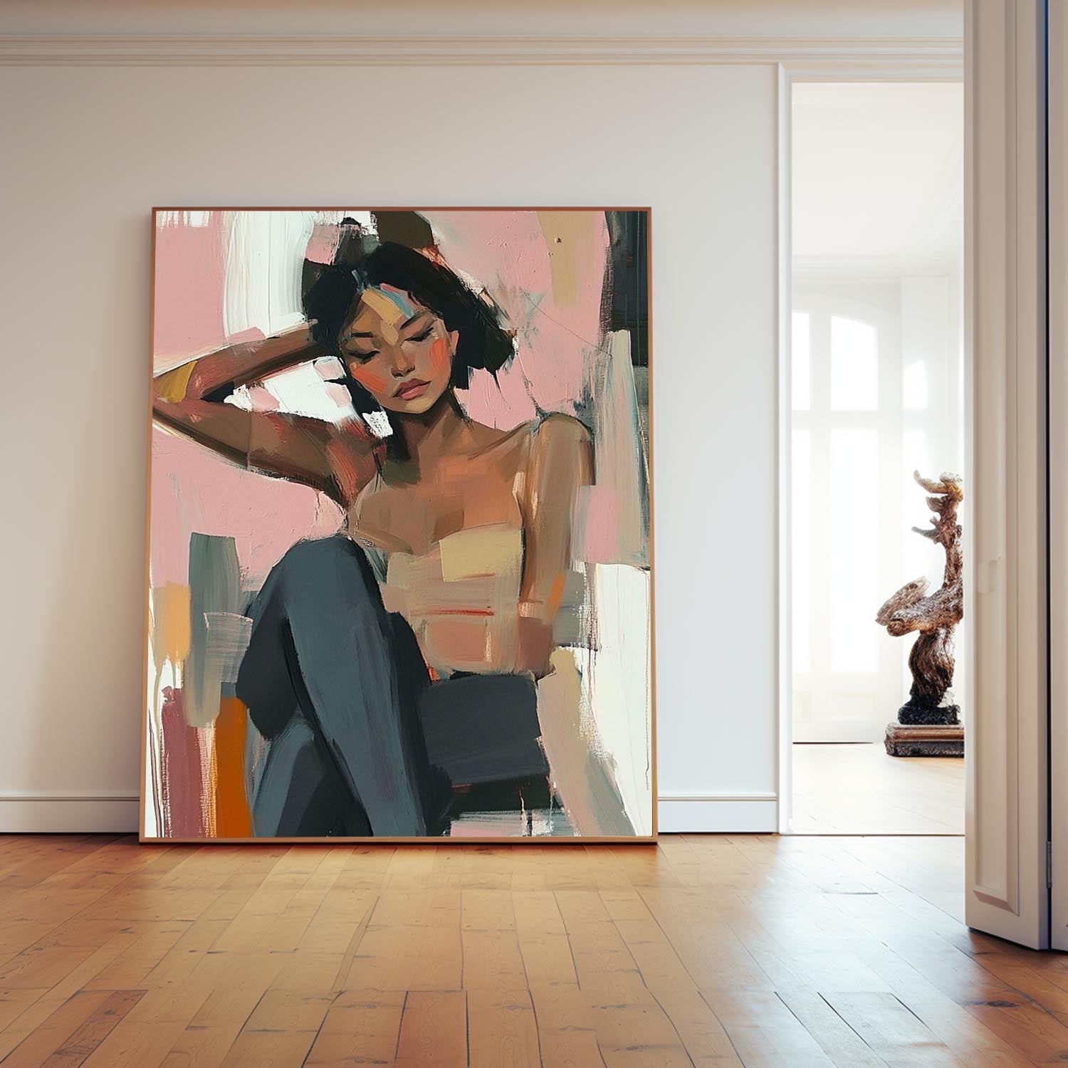 Large Lovely Girl Acrylic Painting Abstract Lady Artwork Original Woman Wall Art Framed For Living Room