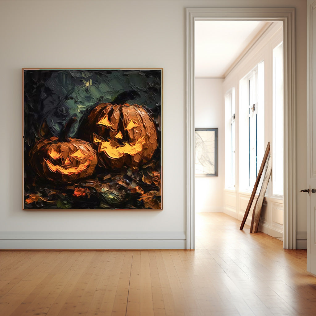 Large Pumpkin Head Square Texture Abstract Wall Art Framed Modern Abstract Canvas Painting Holiday Decorations