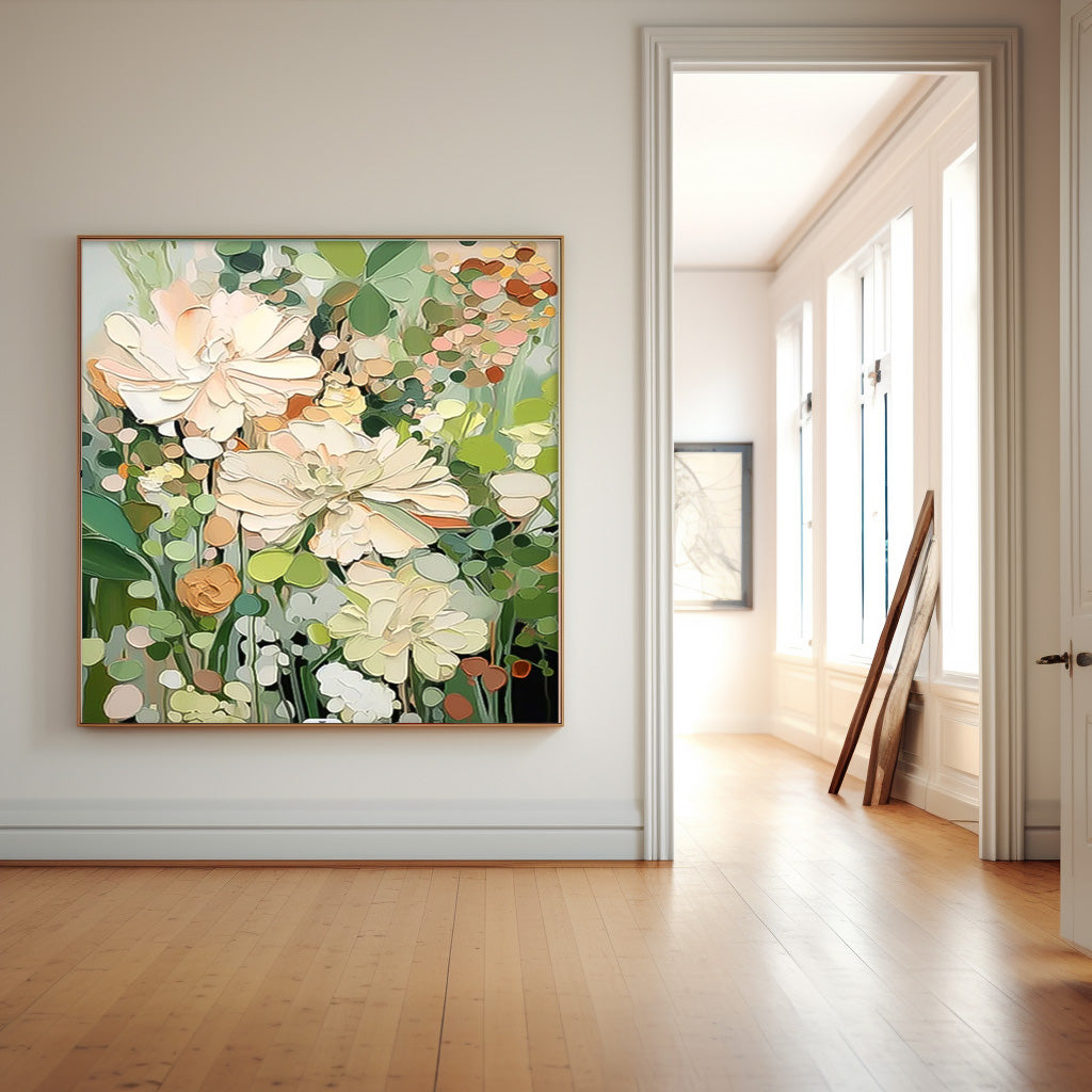 Square Contemporary Floral Painting Extra Large Textured Abstract Flower Paintings Framed Artwork