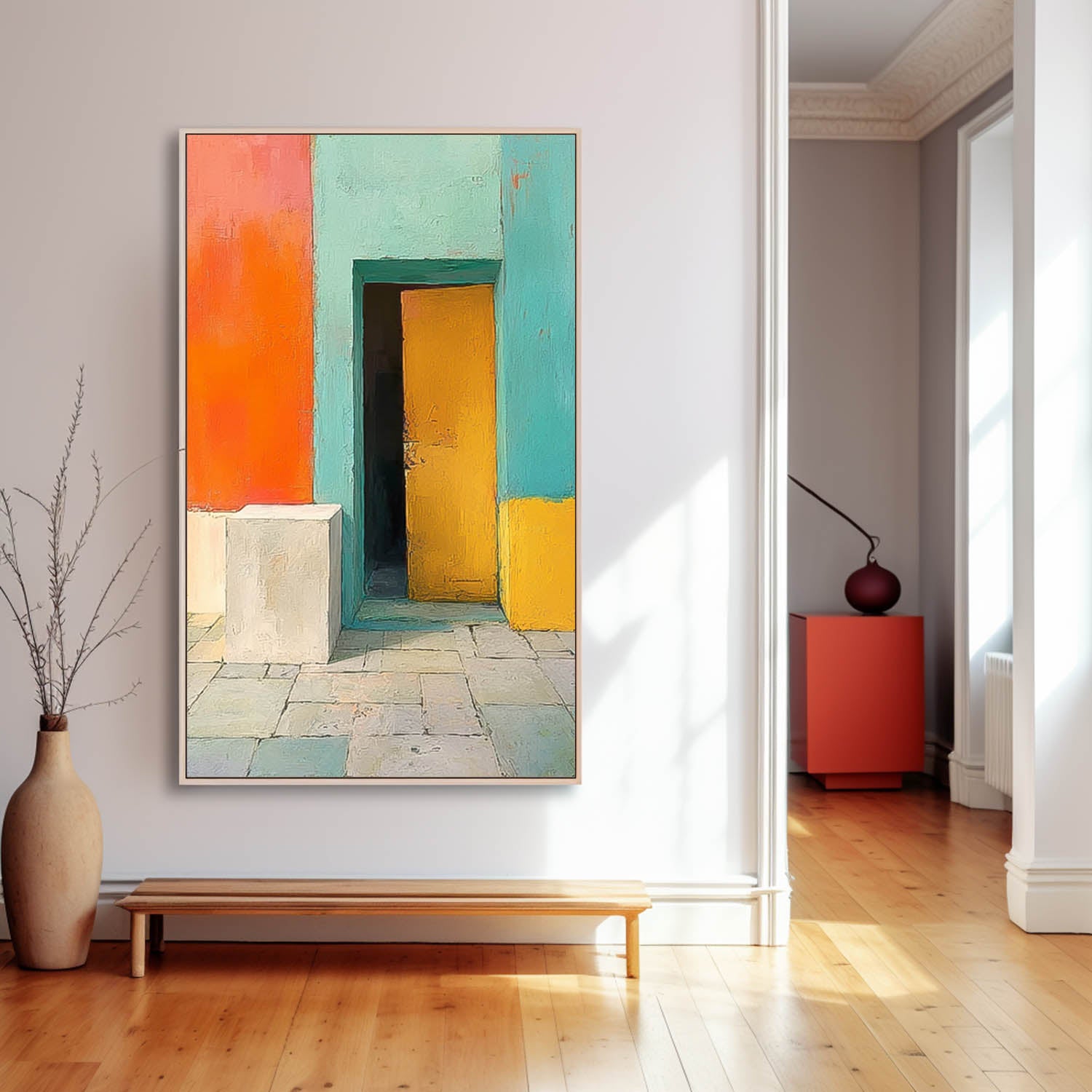 Original Vibrant Doorway Wall Art Large Architectural Door Painting Framed Abstract Acrylic painting