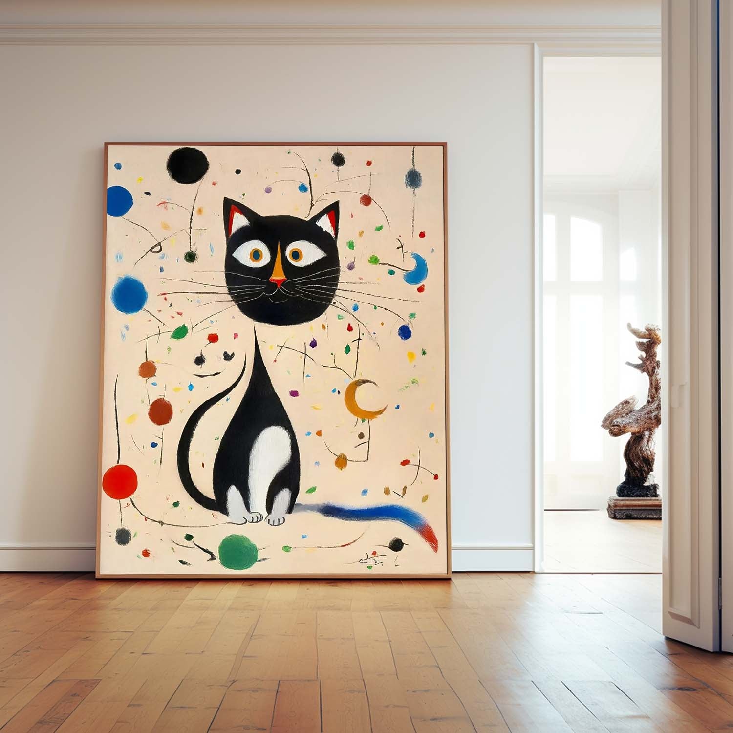 Surreal Joan Miró Style Abstract Cat Oil Painting Large Cat Pop Art Modern Cat Oil Painting Framed Artwork