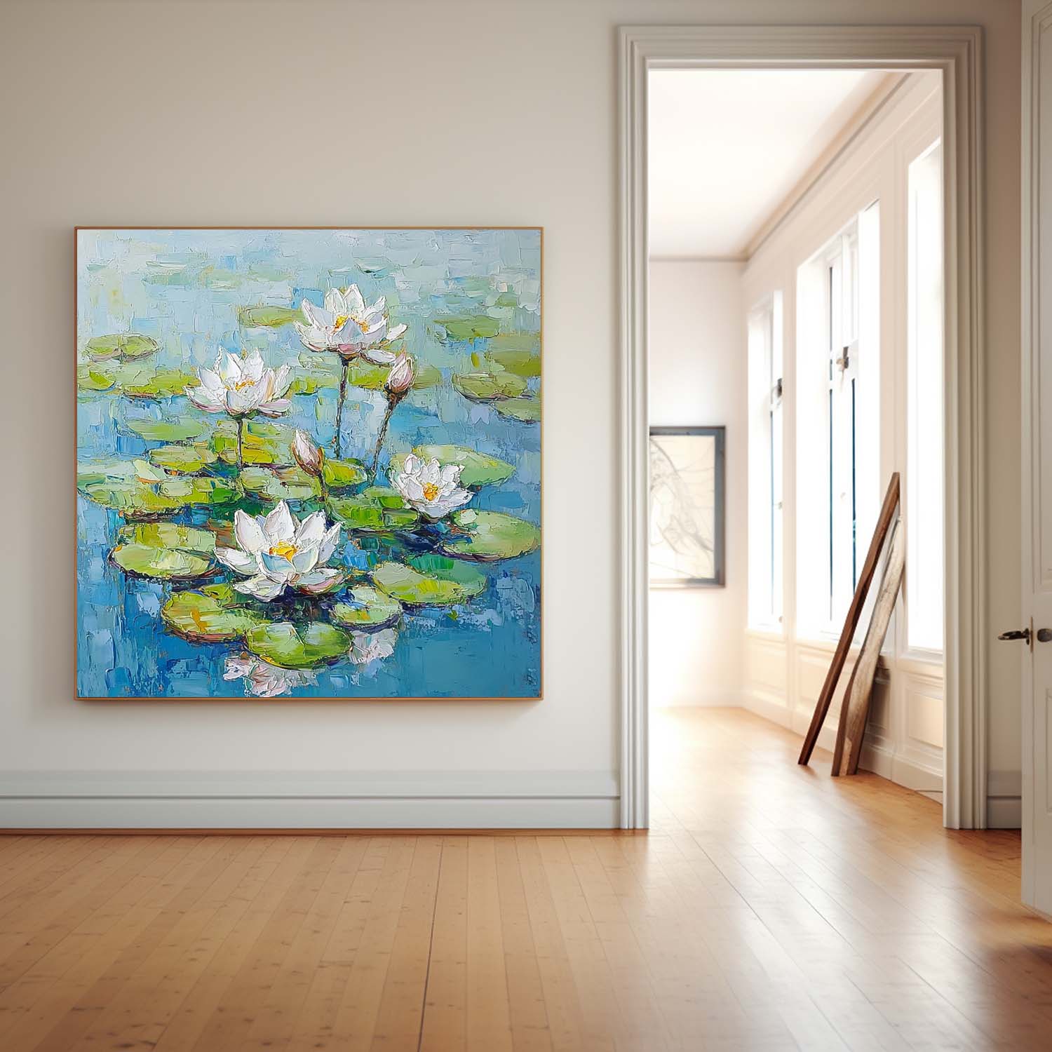 Square Contemporary White Lotus Floral Painting Large Textured Abstract Flower Paintings Original Artwork