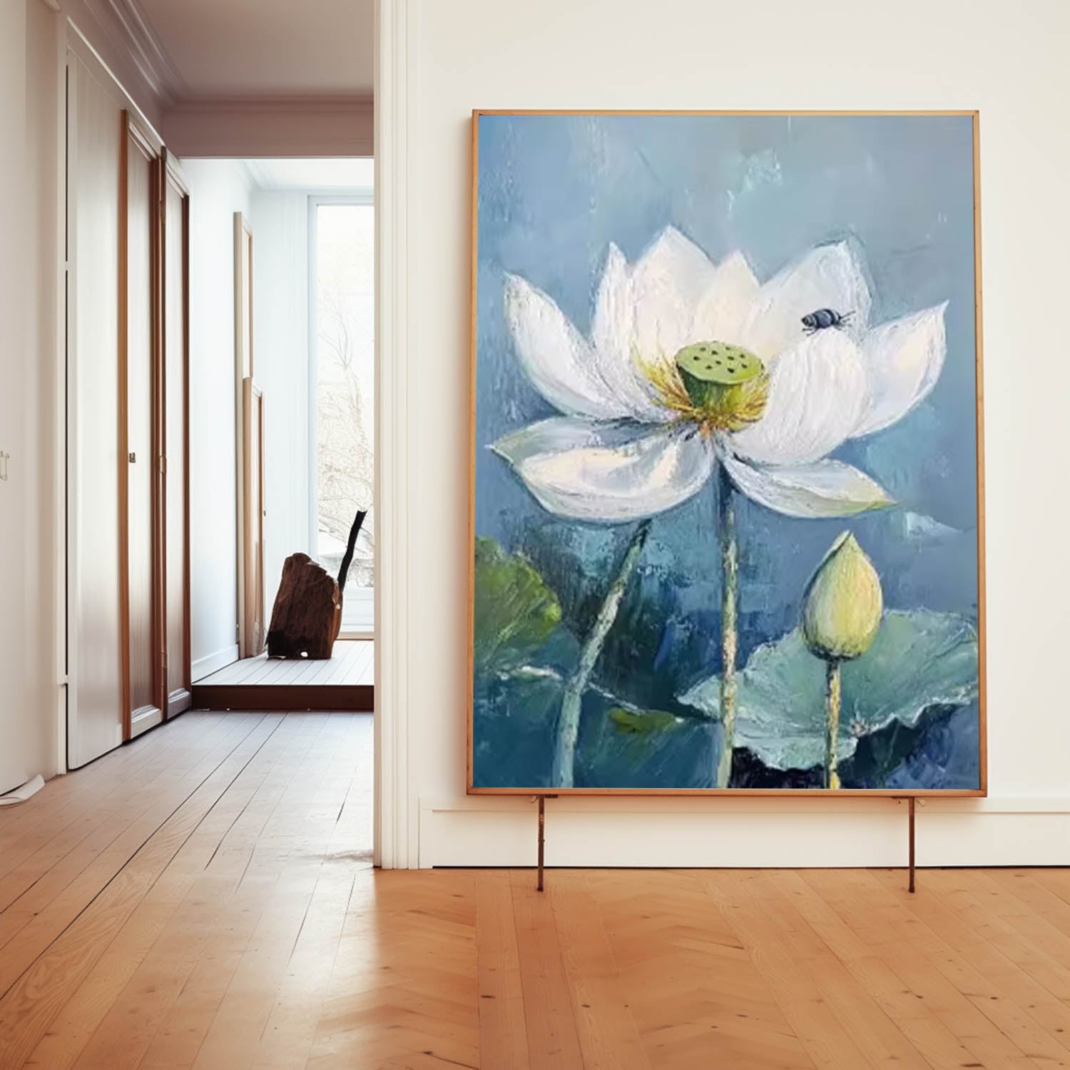 Big Original Texture Beautiful Blue Flowers Artwork Abstract Lotus Flower Oil Painting On Canvas Framed