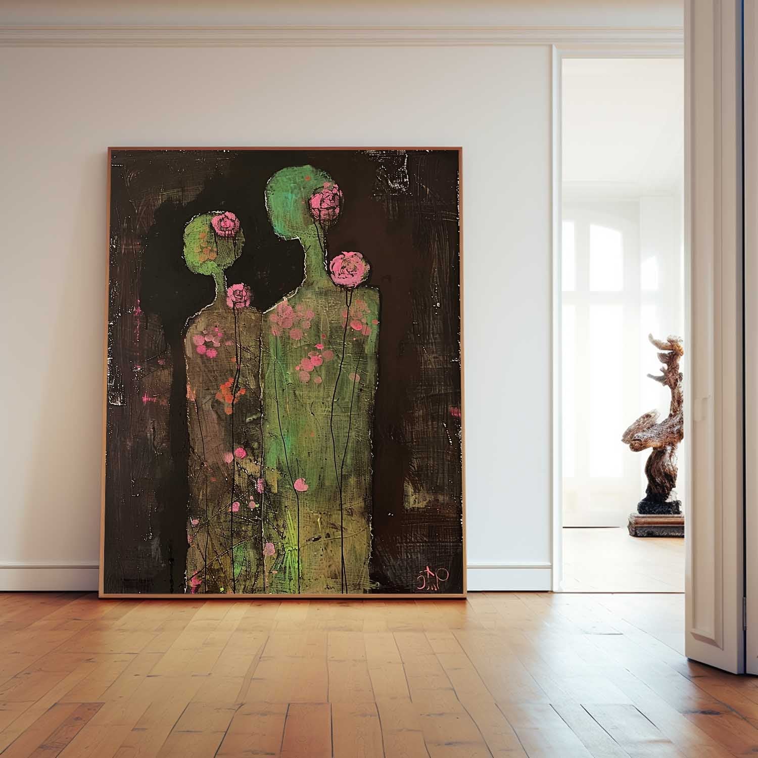 Original Colorful Silhouettes Wall Art Dark Brown Large Flower Figure Painting Abstract Artwork Home Decor