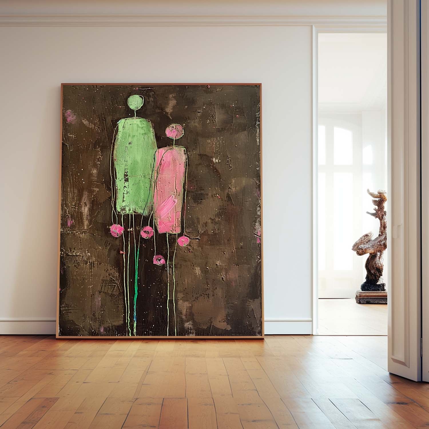 Dark Brown Large Flower Figure Painting Original Green Silhouettes Wall Art Abstract Artwork Framed