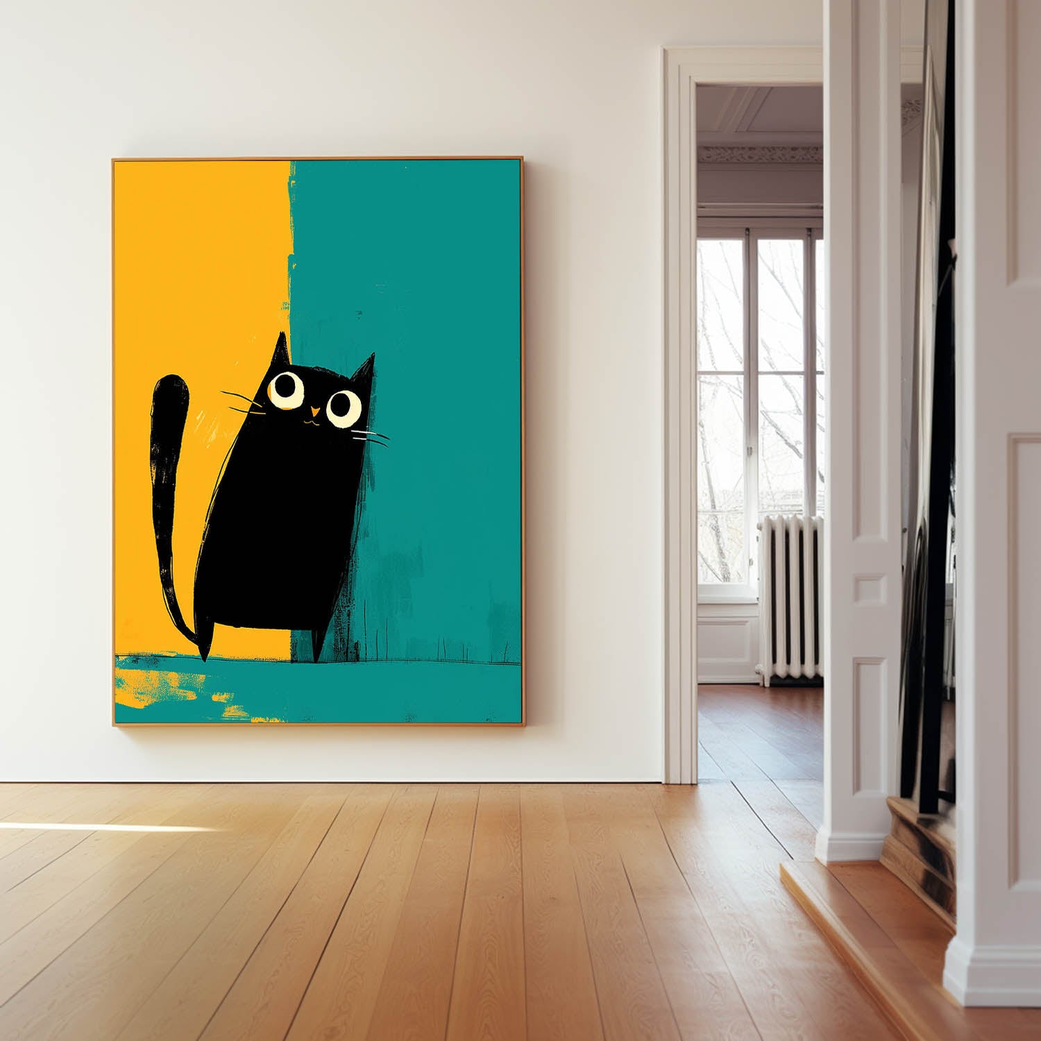 Vibrant Yellow And Green Oil Painting Modern Black Cat Animal Oil Painting Impressionist Kitty Wall Art