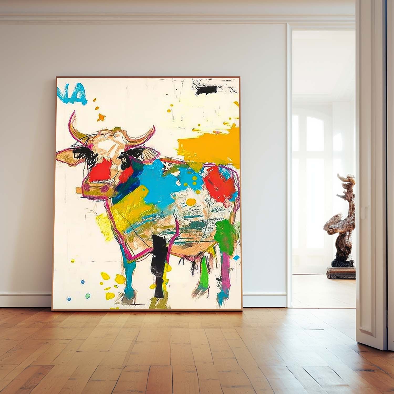 Large Acrylic Painting  Modern Colorful Cow Abstract Wall Art Minimalism Ox Animal Oil Painting Home Decor