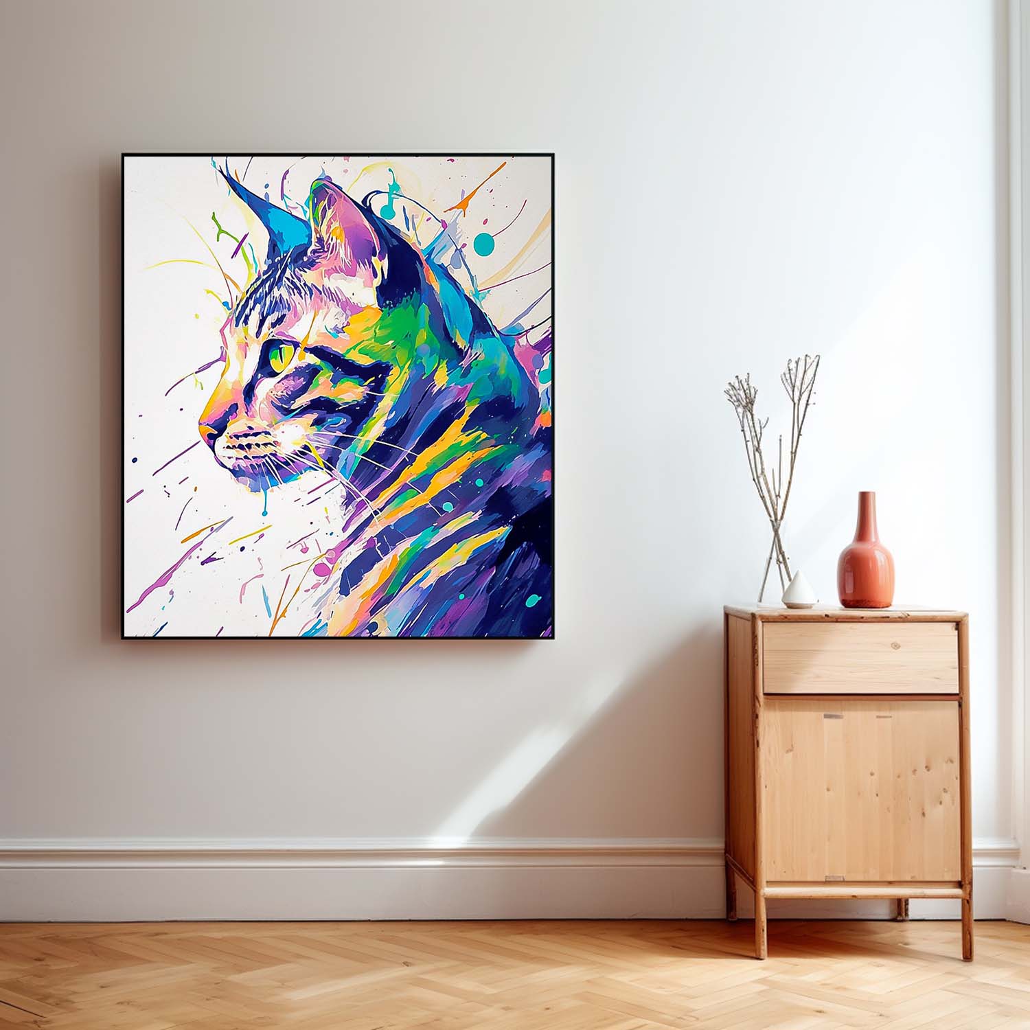 Square Cat Oil Painting Canvas Large Colorful Animal Artwork Original Lovely Kitty Wall Art Home Decor