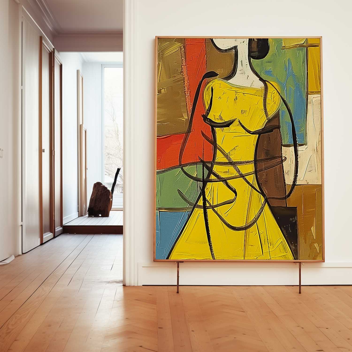 Large Cartoon Lines Painting Framed Original Lady Wall Art Abstract Yellow Dress Artwork Home Decor