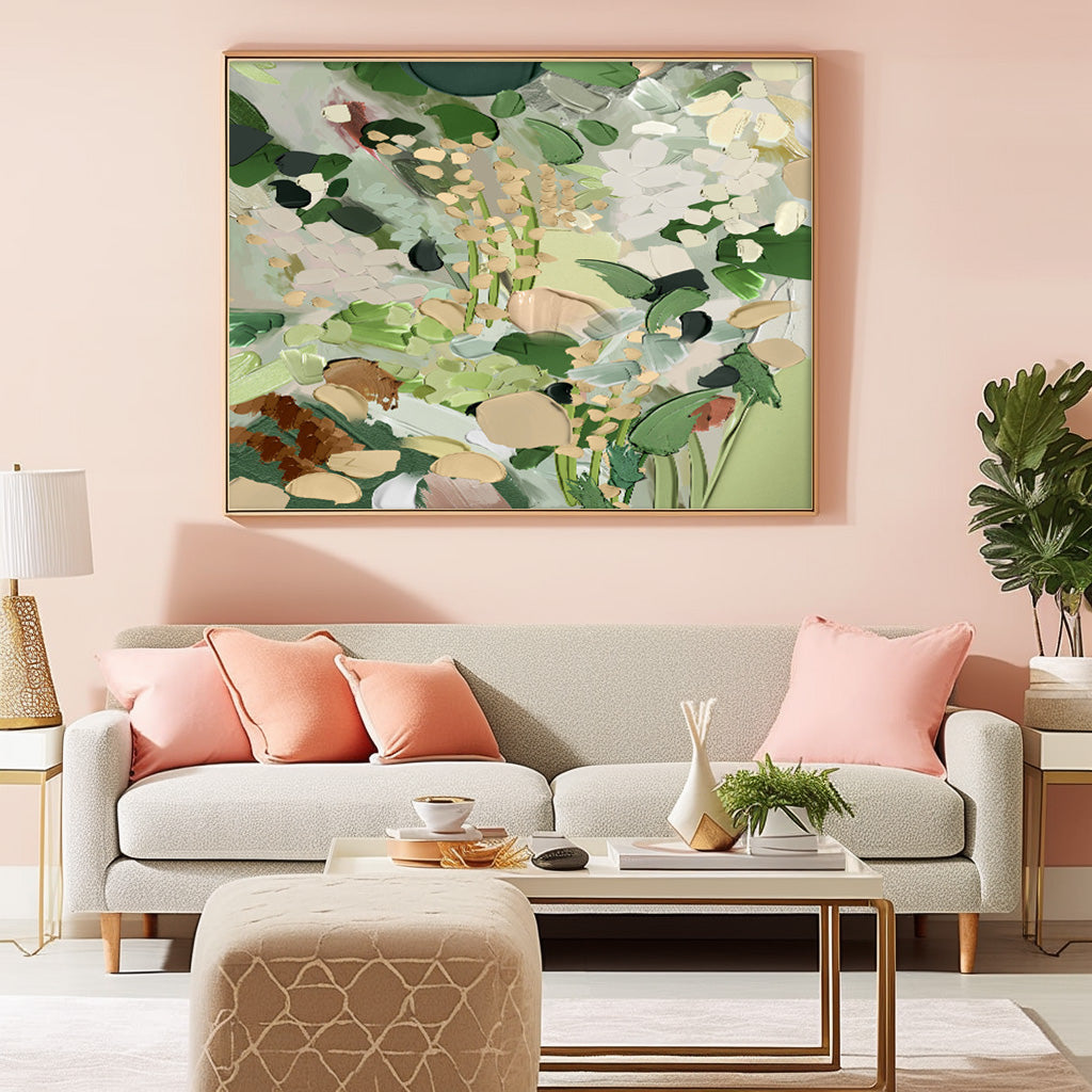 Horizontal Flower Texture Artwork Original Abstract Green Leaves Oil Painting On Canvas Home Decor Gift