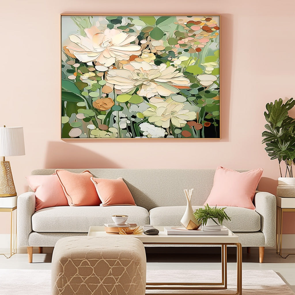 Big Flower Texture Artwork Original Abstract Green Leaves Oil Painting On Canvas Home Decor Gift