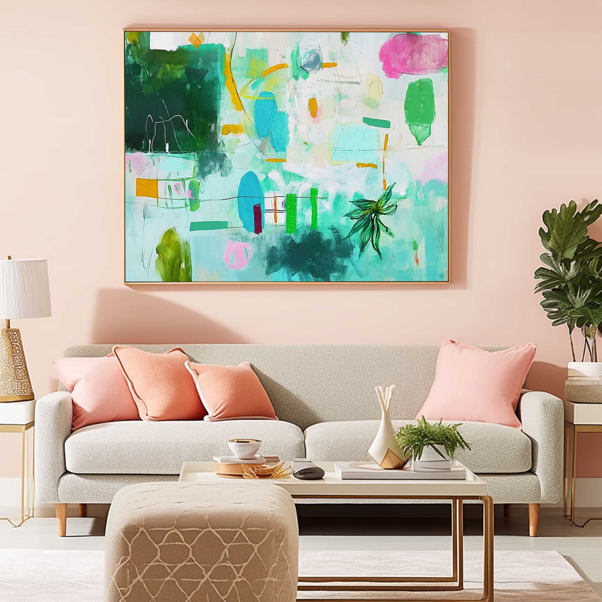 Green Canvas Painting Acrylic Modern Abstract Wall Art Framed Bright Wall Decor
