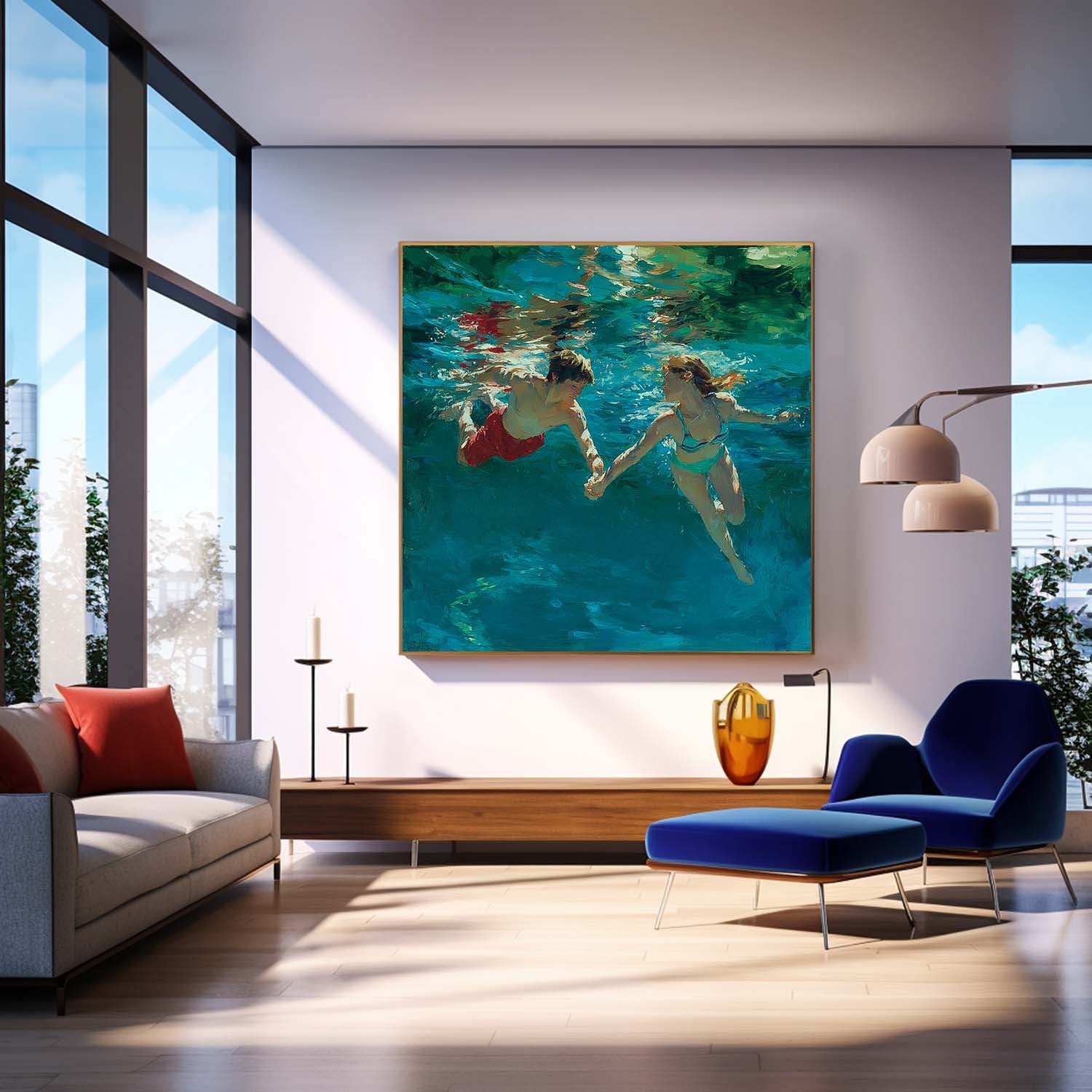Two People Artwork Square Diving In Ocean Acrylic Painting Original swimming Wall Art For Living Room