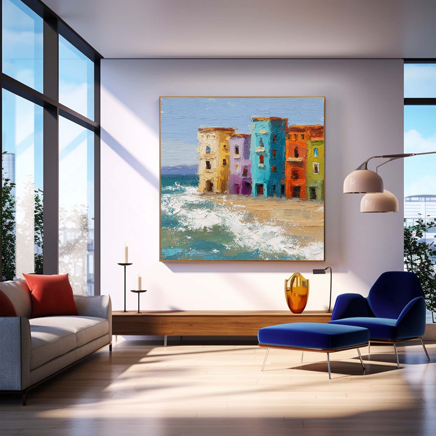 Vibrant Colorful Seaside Buildings Painting Coastal Wall Art Decor Mediterranean Style Beach House Aesthetic